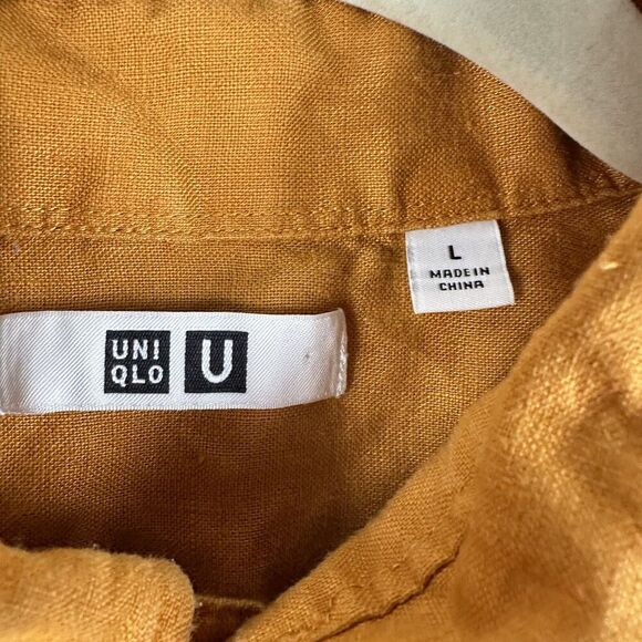 UNIQLO Linen Shirt Men L Yellow Breathable Lightweight Buttton Up Hipster Preppy - Picture 10 of 12
